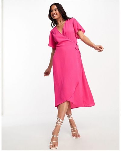 Vero Moda Wrap Midi Dress With Flutter Sleeves - Pink