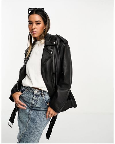 ASOS Premium Real Leather Clean Biker Jacket - Black