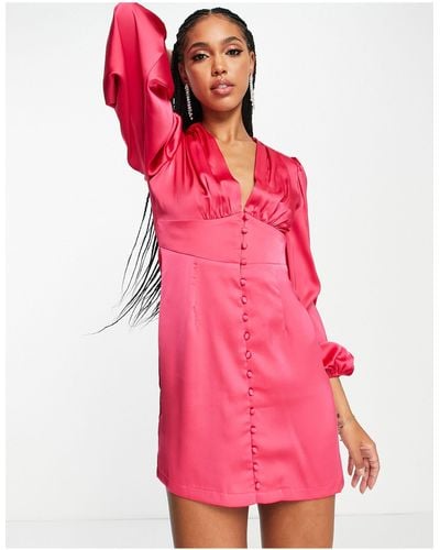 Aria Cove Satin Plunge Front Volume Sleeve Mini Dress - Pink