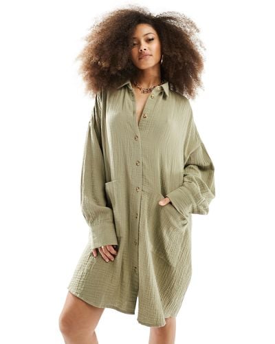 ASOS Double Cloth Oversized Shirt Dress With Dropped Pockets - Green
