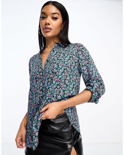 Liquorish Colour Floral Shirt With Long Sleeves - Blue
