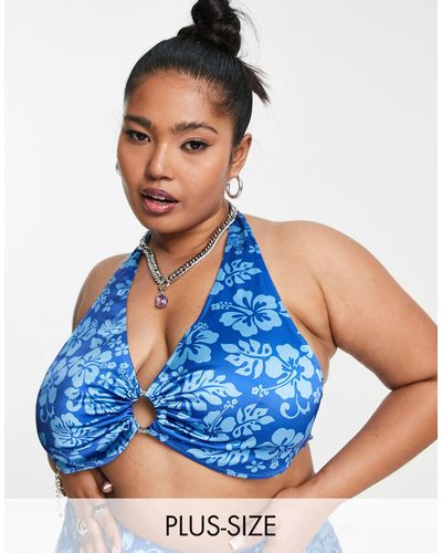 Collusion Plus Hawaiin Print Ring Front Halter Top - Blue