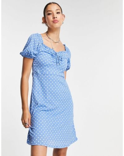 ONLY Tie Front Puff Sleeve Mini Dress - Blue