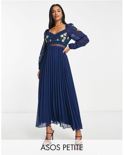ASOS Asos Design Petite Embroidered Lace Insert Pleated Midi Dress With Long Sleeves - Blue