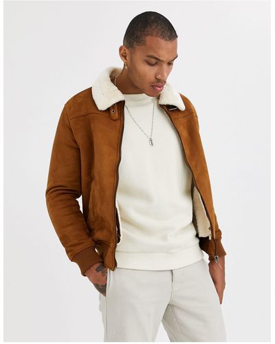 Bershka Lined Faux Suede Jacket With Contrast Collar In Tan - Brown