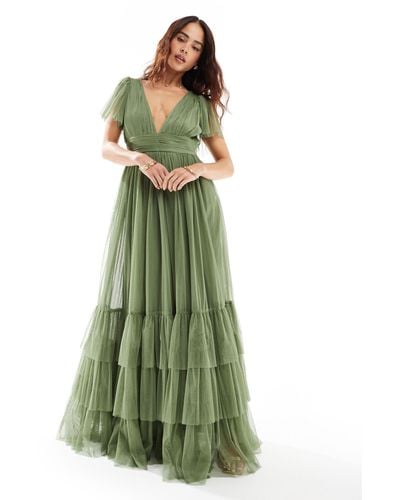 LACE & BEADS Bridesmaid Madison V Neck Tulle Maxi Dress - Green