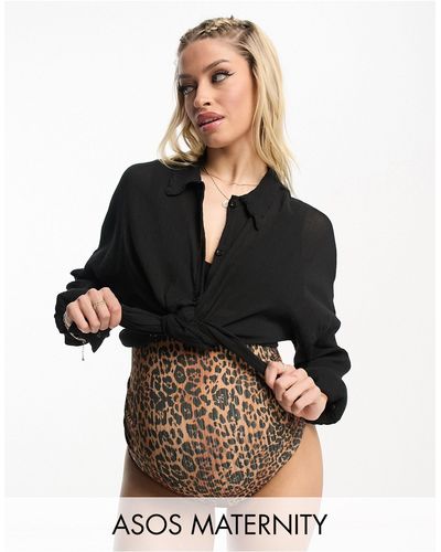 ASOS Asos design maternity – mix and match – gerippte bikinihose mit hoher taille, raffung und leopardenmuster - Schwarz
