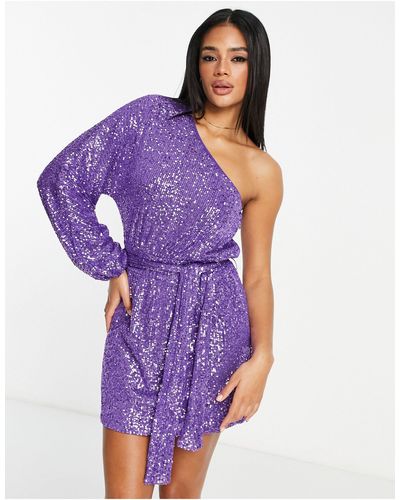 Collective The Label Exclusive One Sleeve Tie Waist Sequin Mini Dress - Purple