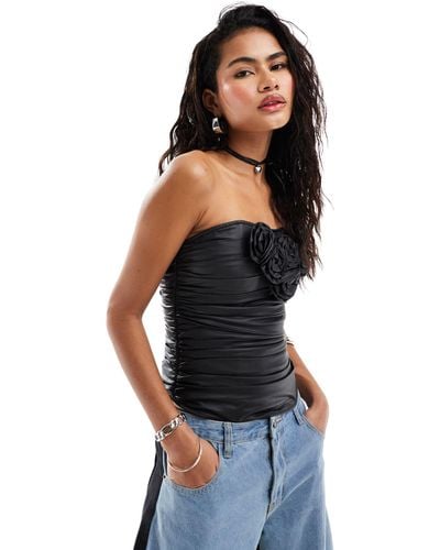 Lioness Leather Look Ruched Corsage Corset Top - Black