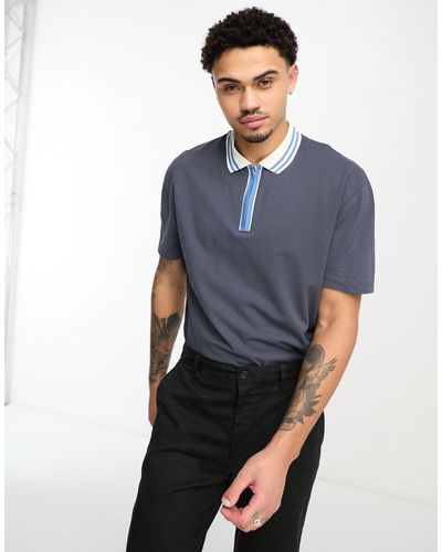 ASOS Relaxed Zip Polo With Contrast Placket - Blue