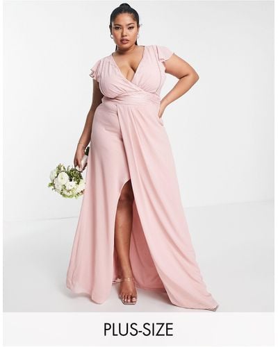 Tfnc Plus Bridesmaid Flutter Sleeve V Neck Dress - Pink