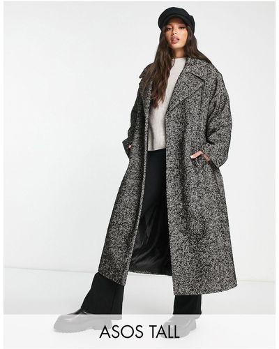 ASOS Asos design tall - cappotto elegante con motivo spigato e cintura nero e bianco - Grigio