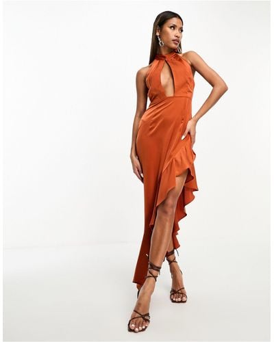 Naanaa Satin Halter Neck Dress With Asymmetric Hem - Orange