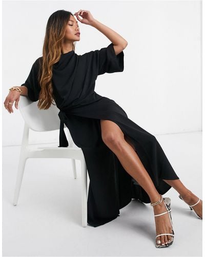 ASOS Cowl Neck Midi Dress With Wrap Skirt - Black