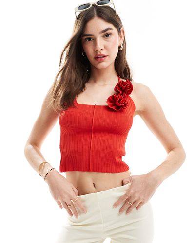 ASOS Knitted Crop Halter Top With Rose Detail - Red