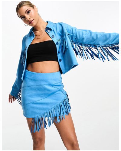 Something New X Flamefaire Faux Suede Western Tassel Mini Skirt Co-ord - Blue