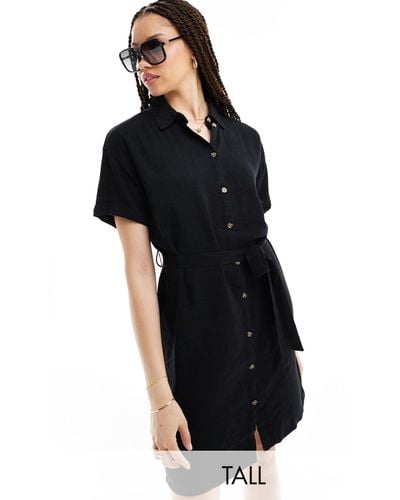 Pieces Tie Waist Linen Mini Shirt Dress - Black