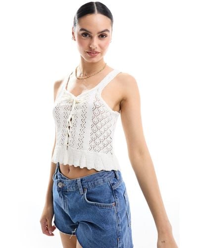 Miss Selfridge Crochet Contrast Satin Lace Up Bow Cami - White