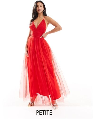 LACE & BEADS Cross Back Tulle Maxi Dress - Red