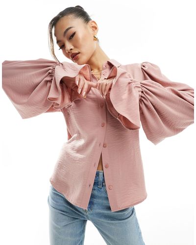 ASOS Volume Sleeved Soft Shirt With Ruffle Cuff - Pink