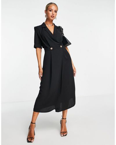 ASOS Wrap Tux Midi Dress With Shoulder Pads - Black