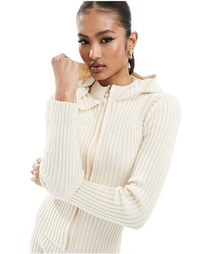 Fashionkilla Knitted Zip Through Hoodie Sweater Co-ord - White