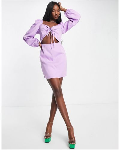 I Saw It First Button Volume Sleeve Cut Out Mini Bodycon Dress - Purple
