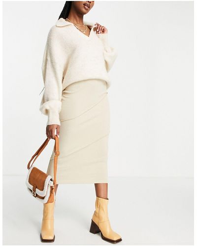 Vila Knitted Midi Skirt With Seam Detail - Natural