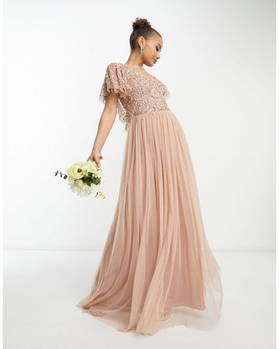 Beauut Bridesmaid Emellished Bodice Maxi Dress With Flutter Sleeve - Natural