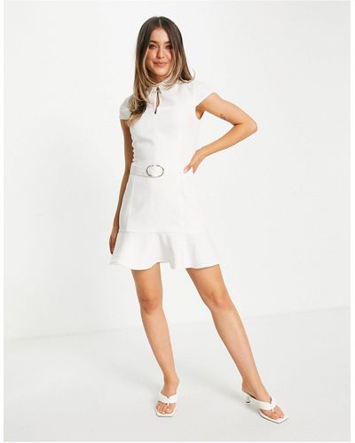 Morgan Belted Skater Mini Dress With Cap Sleeve - White