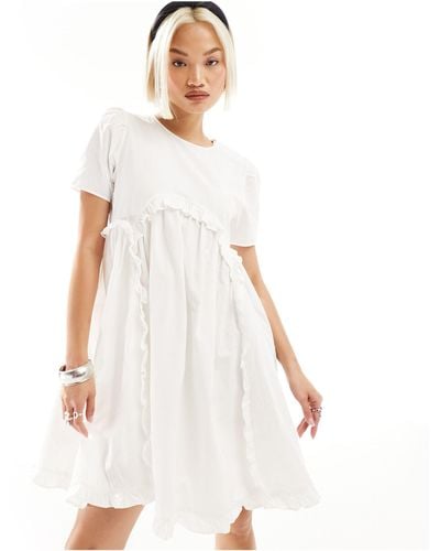 Urban Revivo Short Sleeve Ruffle Mini Smock Dress - White