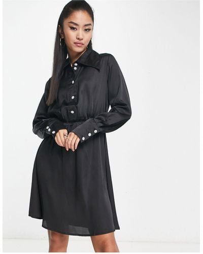 Jdy Klara Satin Shirt Dress With Diamante Buttons - Black