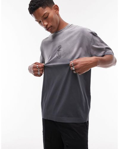 TOPMAN T-shirt oversize avec imprimé fleur style tatouage - dégradé - Gris