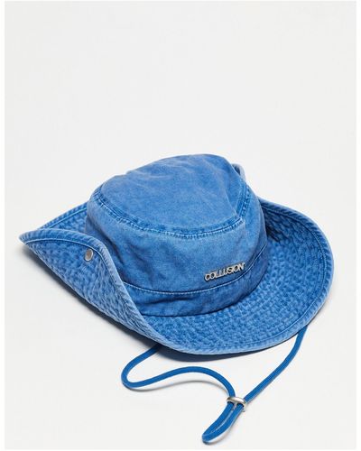 Collusion Unisex Festival Washed Denim Bucket Hat With String - Blue
