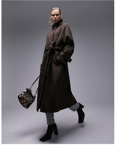 TOPSHOP Trench-coat longue en tissu brossé avec ceinture - chocolat - Noir