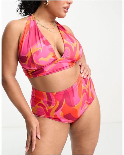 ASOS Curve – mix and match – neckholder-bikinioberteil mit abstraktem wirbelmuster und tiefem ausschnitt - Pink