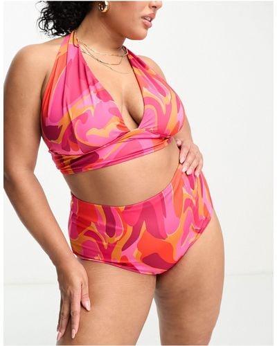 ASOS Curve - mix and match - top bikini allacciato al collo con stampa astratta e scollo profondo - Rosa