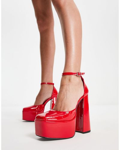 Daisy Street Platform Heeled Shoes - Red