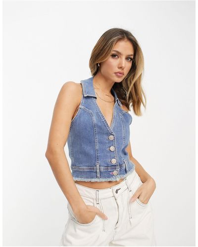 River Island Denim Halternek-top Met Knopen - Blauw