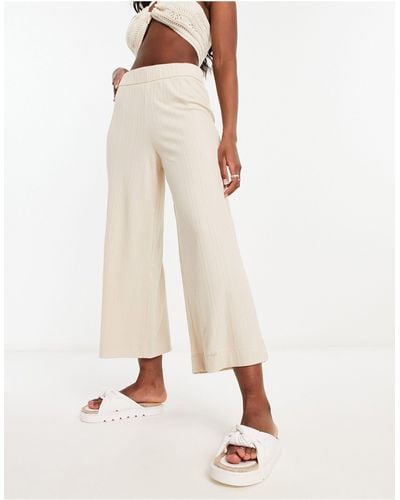 Monki Ribbed Wide Leg Cropped Trousers - Natural