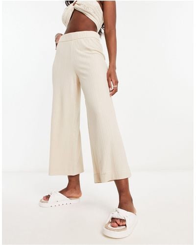 Monki Ribbed Wide Leg Cropped Pants - Natural