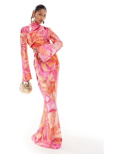 DASKA Satin Printed Maxi Dress With Funnel Sleeves - Pink