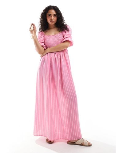 ASOS Puff Sleeve Shirred Midi Dress - Pink