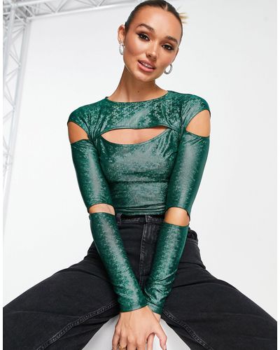 Annorlunda Cut-out Holographic Long Sleeve Top - Green