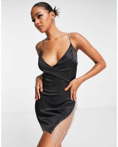 Femme Luxe Embellished Strap Bodycon Mini Dress With Side Embellished Fringing - Black