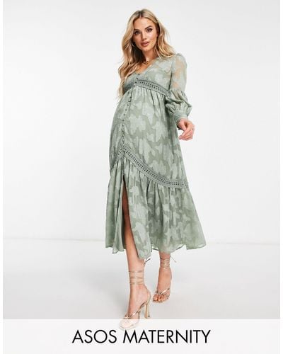 ASOS Asos Design Maternity Button Through Midi Shirt Dress With Lace Inserts - Green
