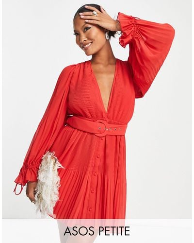 ASOS Asos Design Petite Pleated Blouson Sleeve Mini Dress With Belt Detail - Red