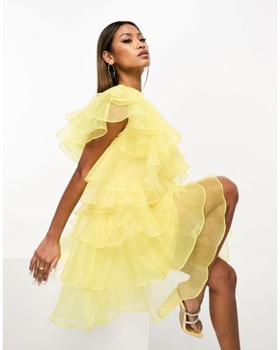 Forever Unique One Shoulder Organza Mini Dress - Yellow