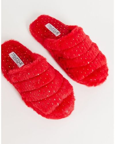 Truffle Collection Fluffy Open Toe Slipper - Red