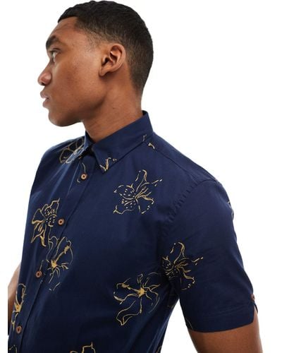 Ben Sherman Short Sleeve Linear Floral Print Shirt - Blue